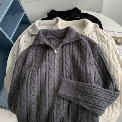 半高領雙拉鍊麻花翻領開衫加厚保暖寬松韓版秋冬麻花毛衣外套上衣 半高領雙拉鍊麻花翻領開衫加厚保暖寬松韓版秋冬麻花毛衣外套上衣