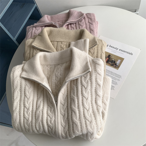 半高領雙拉鍊麻花翻領開衫加厚保暖寬松韓版秋冬麻花毛衣外套上衣 半高領雙拉鍊麻花翻領開衫加厚保暖寬松韓版秋冬麻花毛衣外套上衣