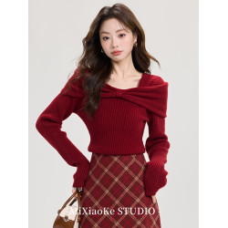羋小可聖誕穿搭紅色本命年內搭毛衣女秋冬一字肩毛針織衫打底上衣