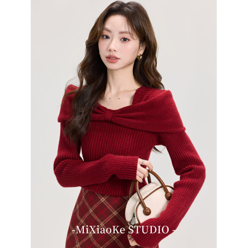羋小可聖誕穿搭紅色本命年內搭毛衣女秋冬一字肩毛針織衫打底上衣 羋小可聖誕穿搭紅色本命年內搭毛衣女秋冬一字肩毛針織衫打底上衣