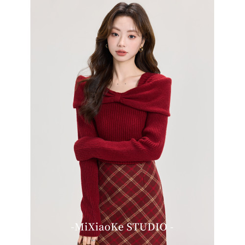 羋小可聖誕穿搭紅色本命年內搭毛衣女秋冬一字肩毛針織衫打底上衣 羋小可聖誕穿搭紅色本命年內搭毛衣女秋冬一字肩毛針織衫打底上衣