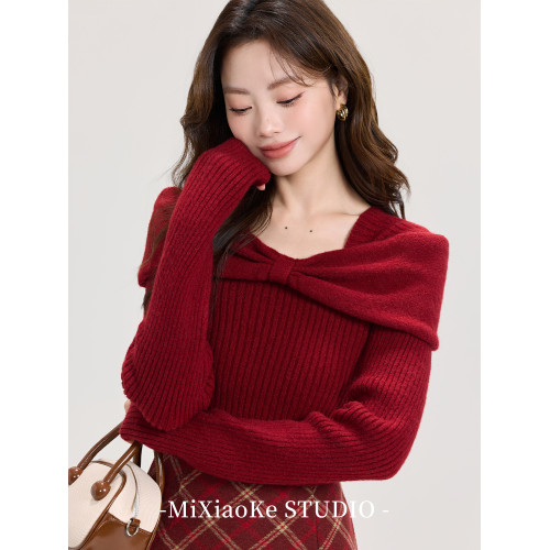 羋小可聖誕穿搭紅色本命年內搭毛衣女秋冬一字肩毛針織衫打底上衣 羋小可聖誕穿搭紅色本命年內搭毛衣女秋冬一字肩毛針織衫打底上衣