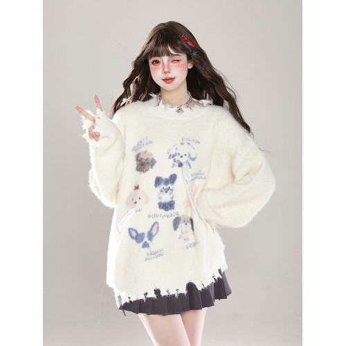 可愛甜美軟糯毛衣女秋冬季奶fufu卡通小狗慵懶風休閒水貂絨針織衫 可愛甜美軟糯毛衣女秋冬季奶fufu卡通小狗慵懶風休閒水貂絨針織衫