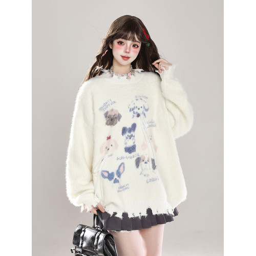 可愛甜美軟糯毛衣女秋冬季奶fufu卡通小狗慵懶風休閒水貂絨針織衫 可愛甜美軟糯毛衣女秋冬季奶fufu卡通小狗慵懶風休閒水貂絨針織衫