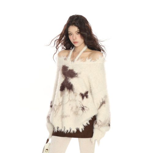 BIGGOLD蝴蝶掛脖一字肩不規則馬海毛毛衣女秋冬慵懶風露肩針織衫 BIGGOLD蝴蝶掛脖一字肩不規則馬海毛毛衣女秋冬慵懶風露肩針織衫