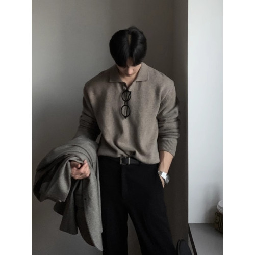 潮流新款東大門韓國男裝翻領毛衣男設計師polo領親膚寬松針織衫