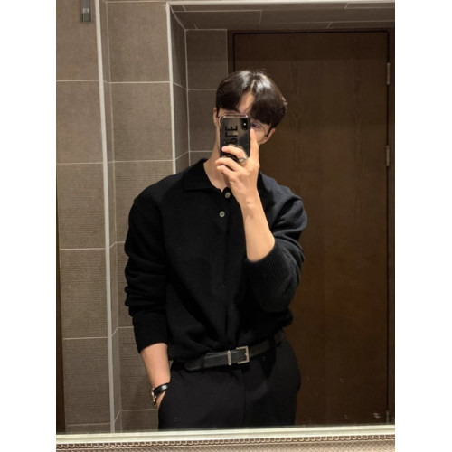 潮流新款東大門韓國男裝翻領毛衣男設計師polo領親膚寬松針織衫