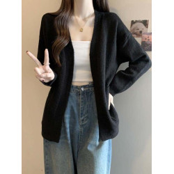 慵懶風灰色正肩針織開衫毛衣外套女2025早秋季大碼胖mm中長款上衣