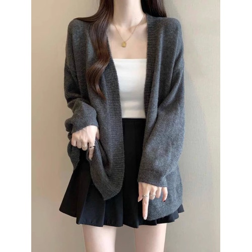 慵懶風灰色正肩針織開衫毛衣外套女2025早秋季大碼胖mm中長款上衣 慵懶風灰色正肩針織開衫毛衣外套女2025早秋季大碼胖mm中長款上衣