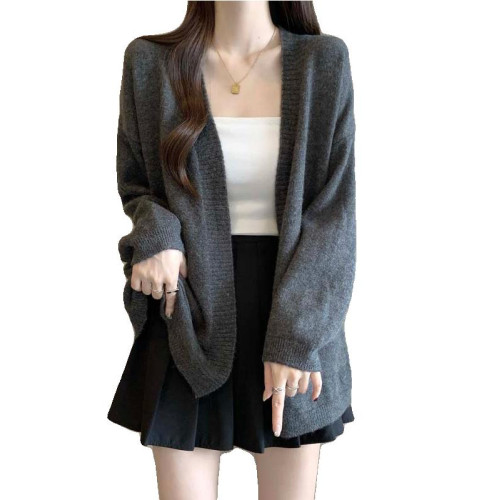 慵懶風灰色正肩針織開衫毛衣外套女2025早秋季大碼胖mm中長款上衣 慵懶風灰色正肩針織開衫毛衣外套女2025早秋季大碼胖mm中長款上衣