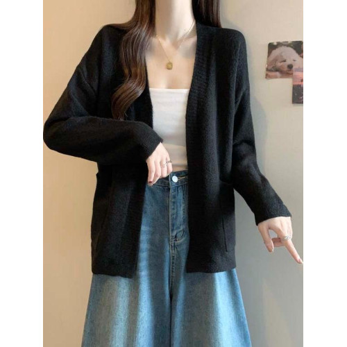 慵懶風灰色正肩針織開衫毛衣外套女2025早秋季大碼胖mm中長款上衣 慵懶風灰色正肩針織開衫毛衣外套女2025早秋季大碼胖mm中長款上衣