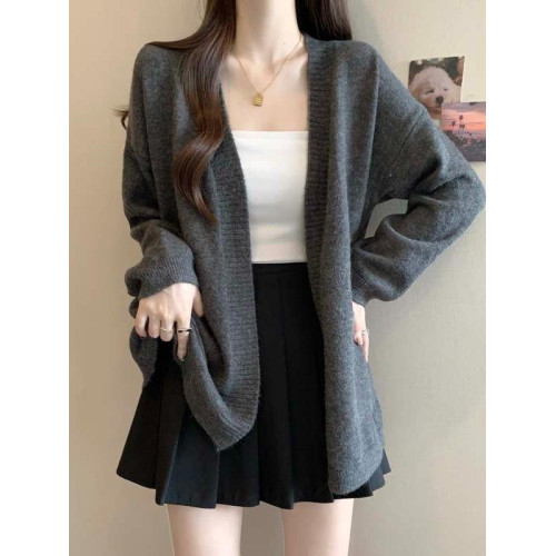 慵懶風灰色正肩針織開衫毛衣外套女2025早秋季大碼胖mm中長款上衣 慵懶風灰色正肩針織開衫毛衣外套女2025早秋季大碼胖mm中長款上衣