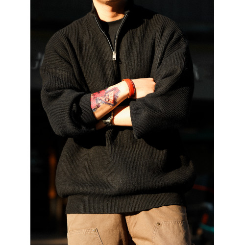 BGYO鹿起 美式休閒半拉鍊立領保暖毛衣男700g復古慵懶風針織衫冬