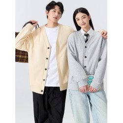 名創優品V領針織開衫外套男秋冬加絨情侶衣服學院風衛衣毛衣長袖Y