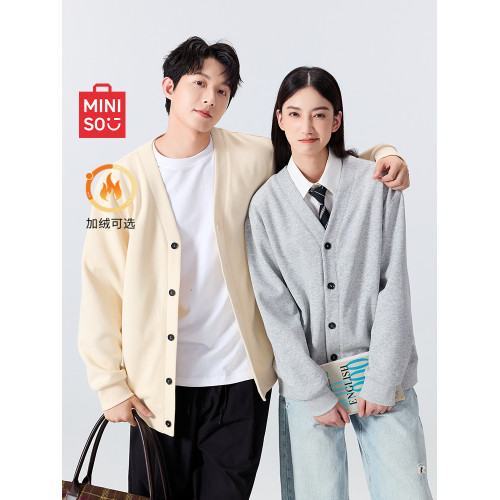 名創優品V領針織開衫外套男秋冬加絨情侶衣服學院風衛衣毛衣長袖Y