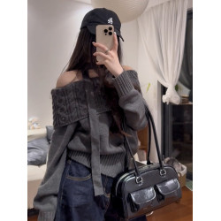 灰色一字肩麻花毛衣秋冬2025年款高級感慵懶風加厚針織衫露肩上衣