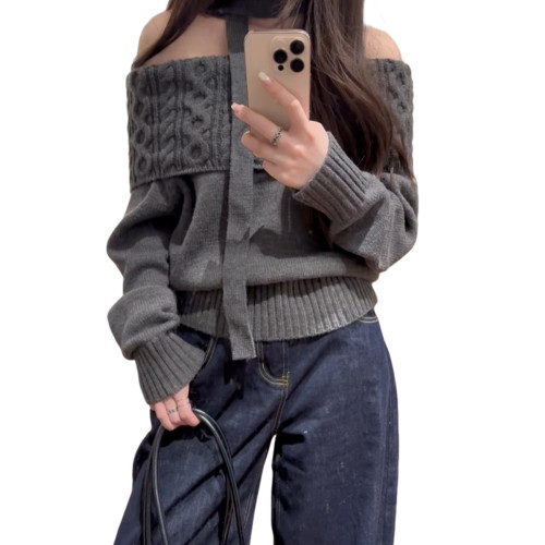 灰色一字肩麻花毛衣秋冬2025年款高級感慵懶風加厚針織衫露肩上衣