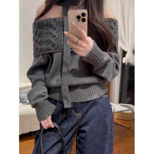 灰色一字肩麻花毛衣秋冬2025年款高級感慵懶風加厚針織衫露肩上衣