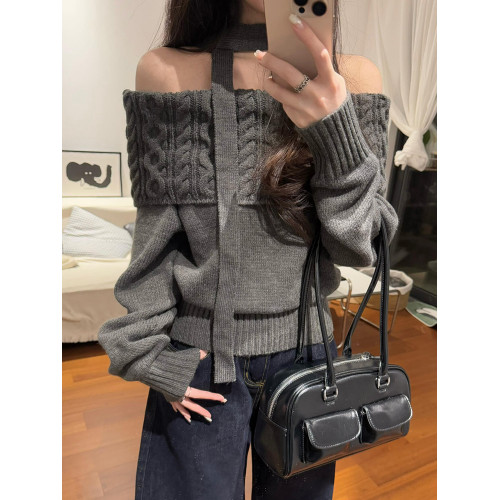 灰色一字肩麻花毛衣秋冬2025年款高級感慵懶風加厚針織衫露肩上衣