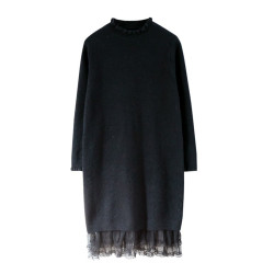 2023秋冬新款韓版加厚打底毛衣裙中長款過膝寬松半高領針織連衣裙