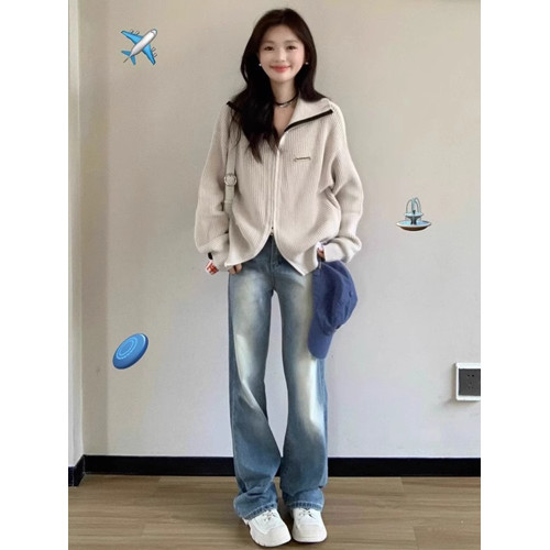 灰色毛衣針織開衫早秋2025女拉鍊外套外搭長袖上衣女設計感慵懶風 灰色毛衣針織開衫早秋2025女拉鍊外套外搭長袖上衣女設計感慵懶風