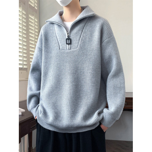半拉鍊毛衣男秋冬季潮牌簡約寬松混紡針織衫男休閒保暖毛線衣外套