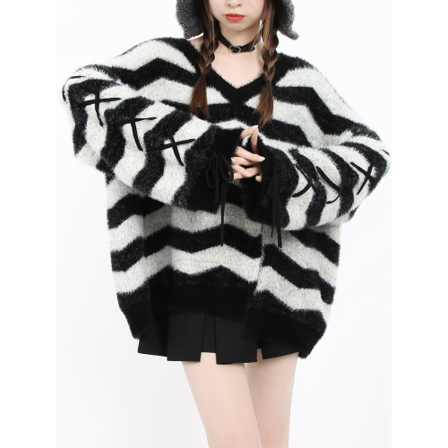 貓願原創【魔力湧動】條紋毛衣仿貂慵懶軟糯高克重綁帶垂感秋冬女