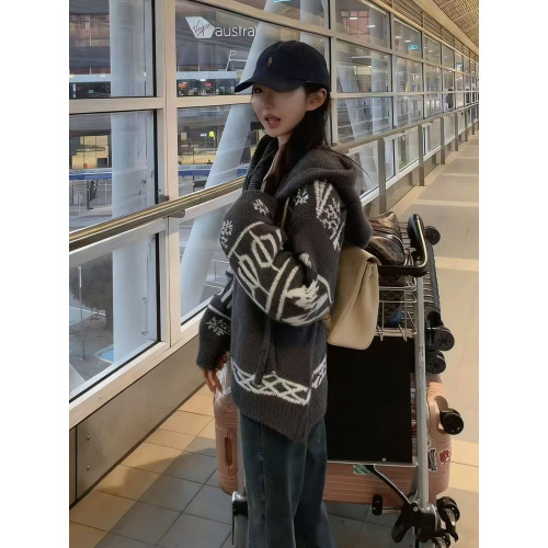 重工灰色費爾島連帽馬海毛毛衣外套女秋冬慵懶松弛感拉鍊針織開衫 重工灰色費爾島連帽馬海毛毛衣外套女秋冬慵懶松弛感拉鍊針織開衫