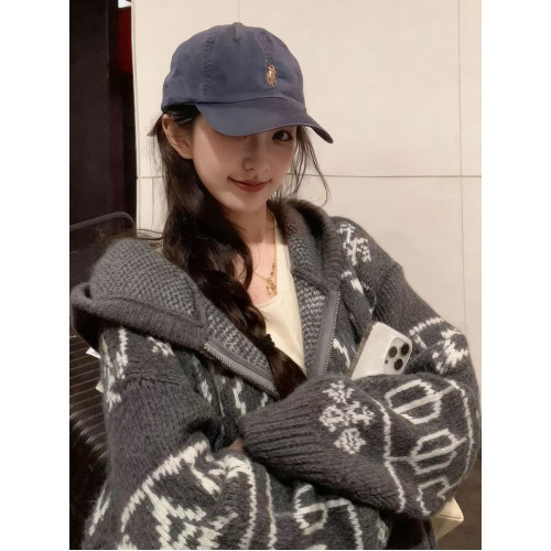 重工灰色費爾島連帽馬海毛毛衣外套女秋冬慵懶松弛感拉鍊針織開衫 重工灰色費爾島連帽馬海毛毛衣外套女秋冬慵懶松弛感拉鍊針織開衫