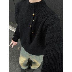 美式不規則紐釦半高領毛衣男冬季cleanfit休閒內搭針織衫寬松上衣