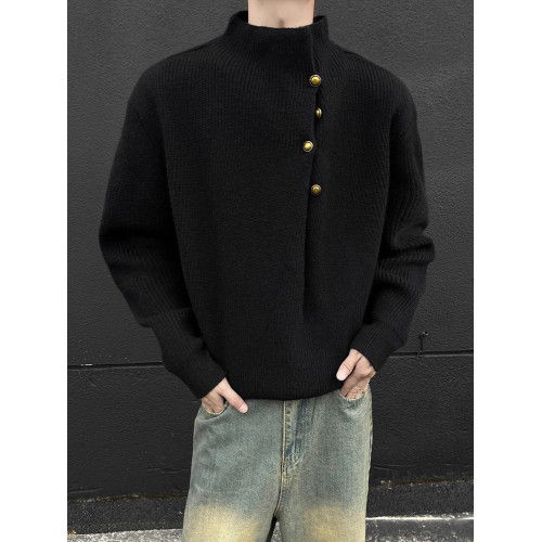 美式不規則紐釦半高領毛衣男冬季cleanfit休閒內搭針織衫寬松上衣