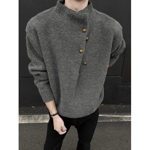 美式不規則紐釦半高領毛衣男冬季cleanfit休閒內搭針織衫寬松上衣