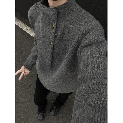 美式不規則紐釦半高領毛衣男冬季cleanfit休閒內搭針織衫寬松上衣