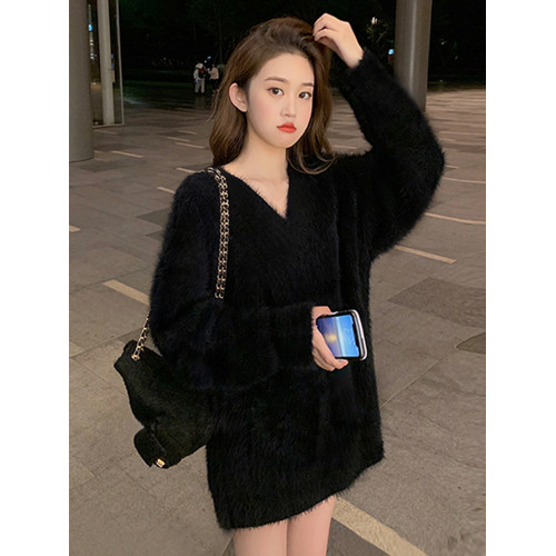 慵懶風毛衣女中長款秋冬外穿白色水貂絨高級感內搭V領針織上衣潮