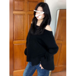 黑色韓系慵懶風毛衣女冬季新款高級感一字肩寬松百搭加厚針織上衣