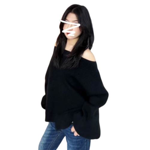 黑色韓系慵懶風毛衣女冬季新款高級感一字肩寬松百搭加厚針織上衣 黑色韓系慵懶風毛衣女冬季新款高級感一字肩寬松百搭加厚針織上衣