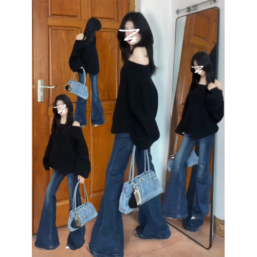 黑色韓系慵懶風毛衣女冬季新款高級感一字肩寬松百搭加厚針織上衣 黑色韓系慵懶風毛衣女冬季新款高級感一字肩寬松百搭加厚針織上衣