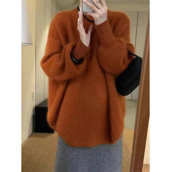 歐貨慵懶風南瓜橘色浣熊絨中長款毛衣女秋冬寬松高級感套頭針織衫