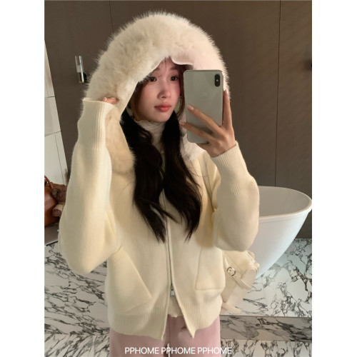 PPHOME自製~白城富人區 大毛領連帽毛衣外套秋冬短款針織開衫外套