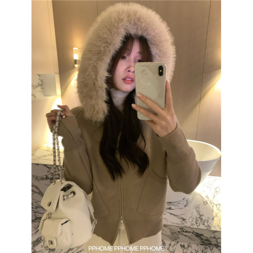 PPHOME自製~白城富人區 大毛領連帽毛衣外套秋冬短款針織開衫外套