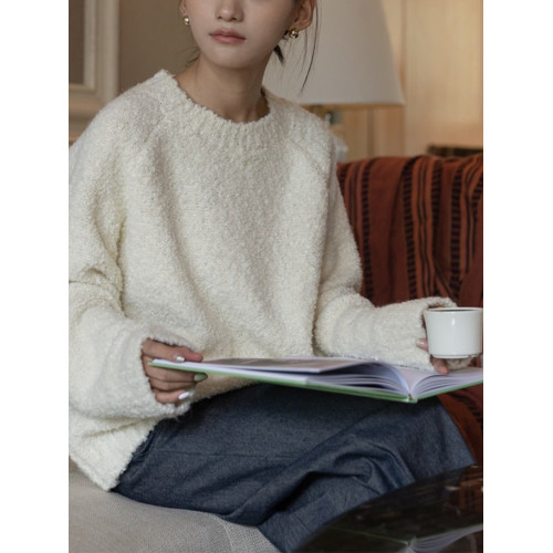 日系慵懶復古白色毛衣女秋冬內搭高級感超好看半邊絨加厚針織上衣