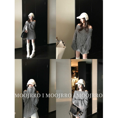 粉色一字肩麻花毛衣女秋冬加厚針織衫寬松慵懶風顯瘦長袖套頭上衣