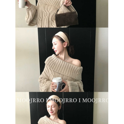 粉色一字肩麻花毛衣女秋冬加厚針織衫寬松慵懶風顯瘦長袖套頭上衣