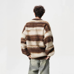 馬海毛圓領毛衣男女秋冬休閒撞色條紋針織衫寬松松弛感情侶打底衫