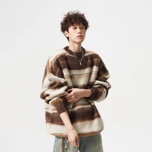 馬海毛圓領毛衣男女秋冬休閒撞色條紋針織衫寬松松弛感情侶打底衫 馬海毛圓領毛衣男女秋冬休閒撞色條紋針織衫寬松松弛感情侶打底衫