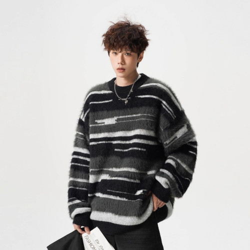 馬海毛圓領毛衣男女秋冬休閒撞色條紋針織衫寬松松弛感情侶打底衫 馬海毛圓領毛衣男女秋冬休閒撞色條紋針織衫寬松松弛感情侶打底衫