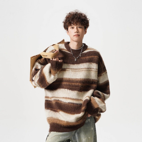 馬海毛圓領毛衣男女秋冬休閒撞色條紋針織衫寬松松弛感情侶打底衫 馬海毛圓領毛衣男女秋冬休閒撞色條紋針織衫寬松松弛感情侶打底衫