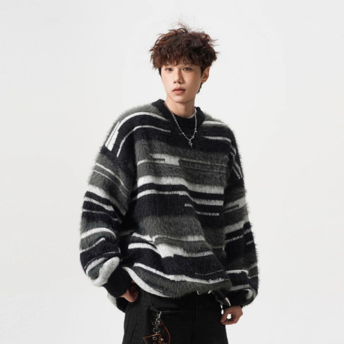 馬海毛圓領毛衣男女秋冬休閒撞色條紋針織衫寬松松弛感情侶打底衫 馬海毛圓領毛衣男女秋冬休閒撞色條紋針織衫寬松松弛感情侶打底衫