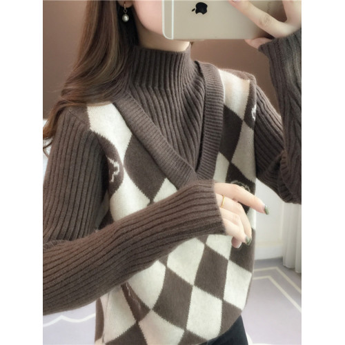 秋季假兩件半高領高級感超好看毛衣女秋冬2024新款針織打底衫上衣