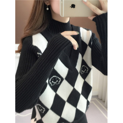 秋季假兩件半高領高級感超好看毛衣女秋冬2024新款針織打底衫上衣